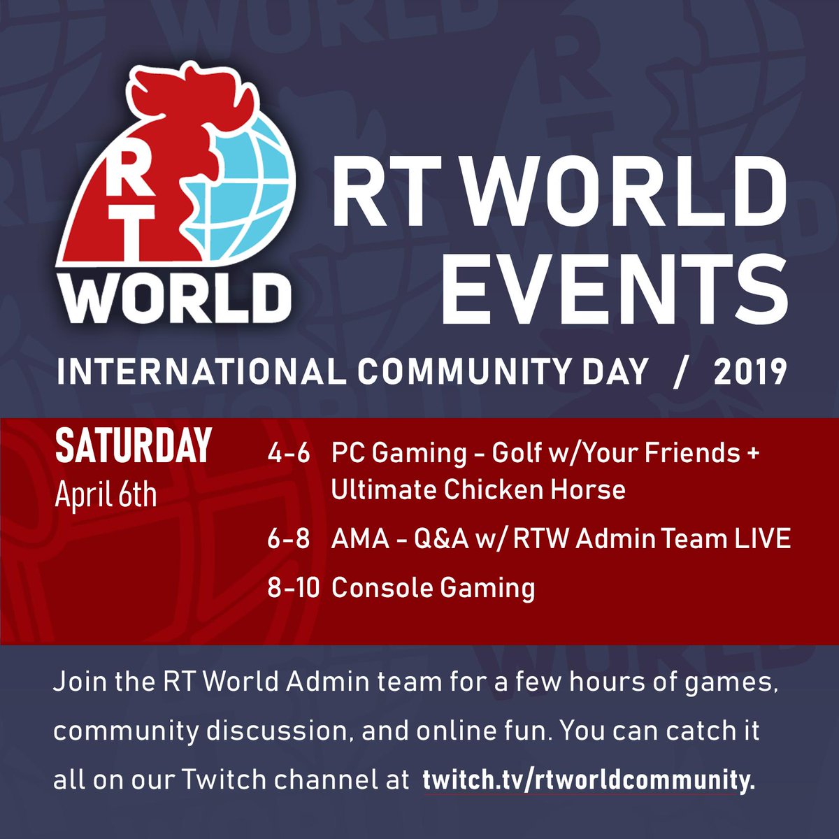 RTW_Community's tweet photo. You ever wonder why we’re here? The answers to this and more with our RTW Admin AMA starting now on https://t.co/SjEEb5tty5. If you have a question for us, tweet it as us with #RTWAMA, or post it in the chat! #RTICD https://t.co/qmfKm91tY3