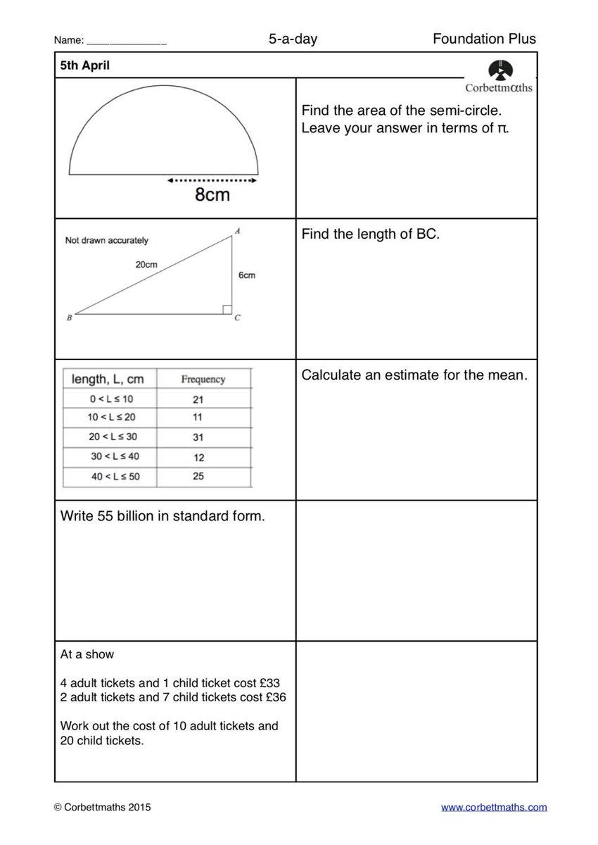 Corbettmaths's tweet photo. Studying for Higher GCSE Maths? Try today's Foundation Plus, Higher &amp; challenging Higher Plus #maths5aday answers: https://t.co/0TUWL69rQe https://t.co/UpNQZpat5o