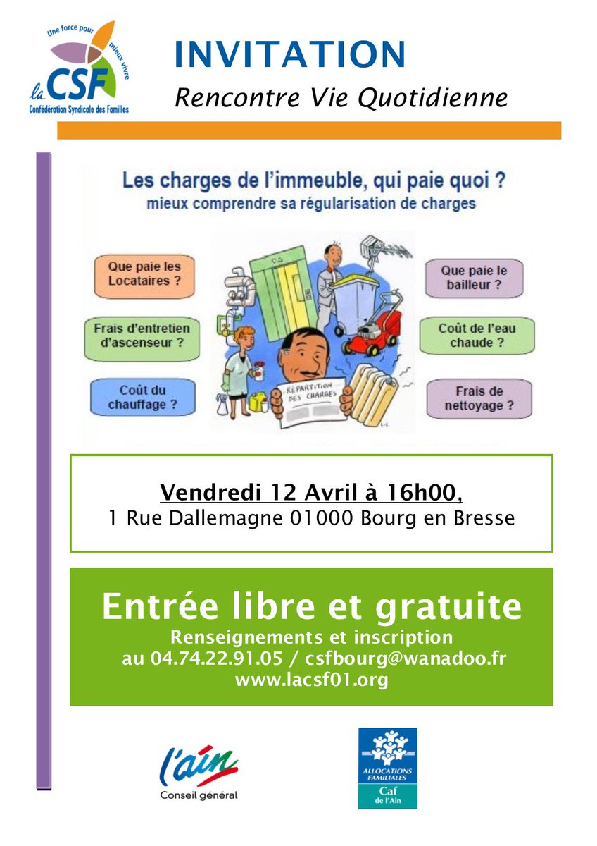 Csf_Ain's tweet photo. Vous ne comprenez pas votre relevé de charges? On vous explique tout...
L'entrée est LIBRE ET GRATUITE
#locataires #charges #loyers #CSFdelAin #CSF https://t.co/oPpDgSh9PZ