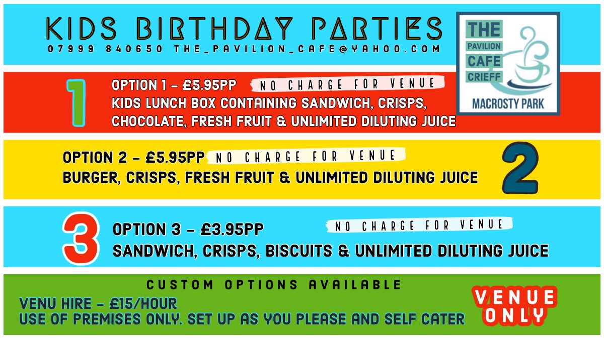 Kids Birthday Parties. #pavcafparty
We’ll take the party stress and mess away for you. Food options-£3.95-£5.95pp with free venue. We’re able to customise to your needs. To hire venue only is £15 
To book contact Rob- 07999840650 or the_pavilion_cafe@yahoo.com