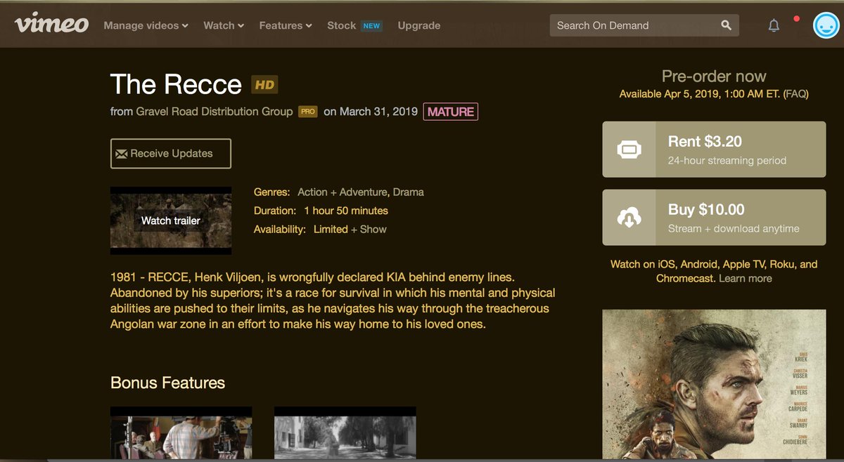 <a href="/thereccemovie/">thereccemovie</a> is now available to RENT or OWN on <a href="/Vimeo/">Vimeo</a> OnDemand. The film is available for a limited period, so do not miss out, order your own copy now! [ Africa only ]
CLICK HERE: vimeo.com/ondemand/there…
#ItsAfricaTime #onlinerentals #featurefilm #recce #bushwar #grensoorlog