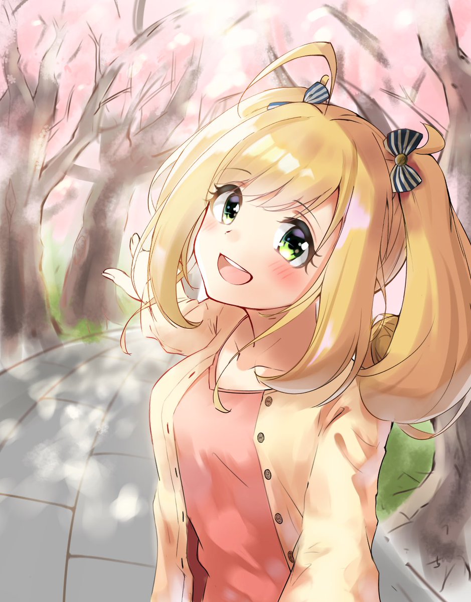 sato shin 1girl green eyes solo twintails blonde hair smile ahoge  illustration images