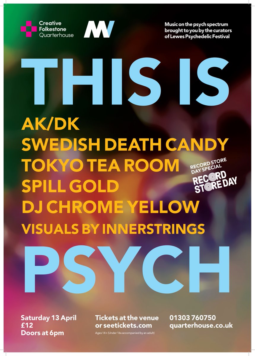Melting Vinyl (@meltingvinyl) on Twitter photo Less than a week until #THISISPSYCH returns to <a href="/Quarterhouse_UK/">Folkestone Quarterhouse</a> <a href="/recordstoreday/">Record Store Day</a>
special
An evening #festival exploring the spectrum of #Psych w/ #visuals by <a href="/inner_strings/">innerstrings</a>
<a href="/AKDKmusic/">AK/DK</a> <a href="/SDeathCandy/">Swedish Death Candy</a> <a href="/SpillGold/">Spill Gold</a> <a href="/TokyoTeaRoom/">Tokyo Tea Room</a>
Tickets creativefolkestone.org.uk/whats-on/this-… #rsd2019 #RSD Less than a week until #THISISPSYCH returns to <a href="/Quarterhouse_UK/">Folkestone Quarterhouse</a> <a href="/recordstoreday/">Record Store Day</a>
special
An evening #festival exploring the spectrum of #Psych w/ #visuals by <a href="/inner_strings/">innerstrings</a>
<a href="/AKDKmusic/">AK/DK</a> <a href="/SDeathCandy/">Swedish Death Candy</a> <a href="/SpillGold/">Spill Gold</a> <a href="/TokyoTeaRoom/">Tokyo Tea Room</a>
Tickets creativefolkestone.org.uk/whats-on/this-… #rsd2019 #RSD