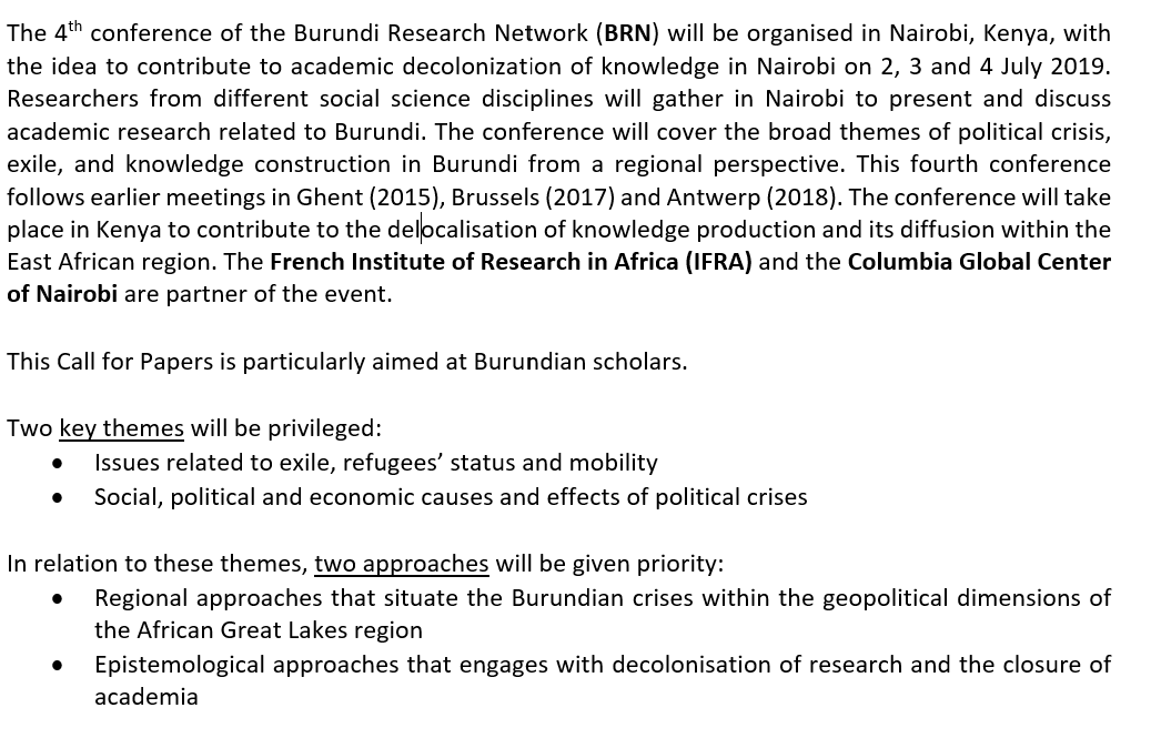 #BRN2019 Conference Update: 
CfP Deadline extended to 15 April 
Two amazing keynotes confirmed: Dr @AndreaPurdekova & Prof Julien Nimubona! 
So 10 days left to submit a paper & join great discussions on #Burundi #Exile #PoliticalCrises #KnowledgeProduction
ifra-nairobi.net/2767