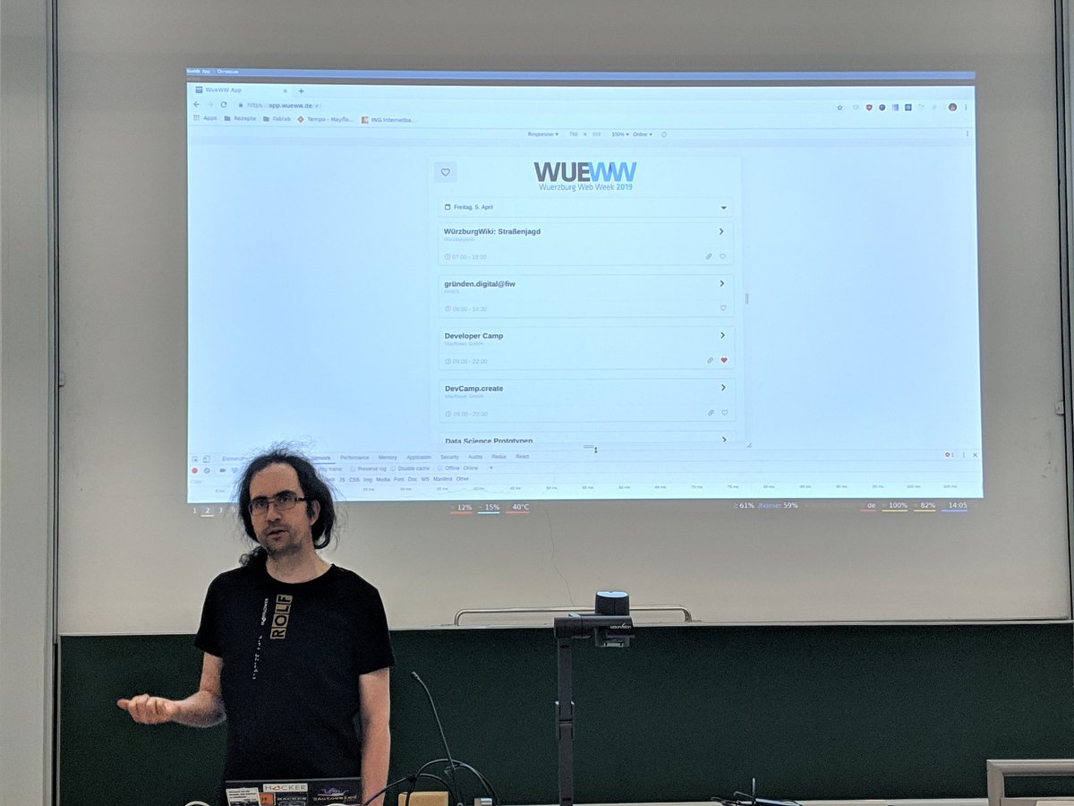 FrankPrechtel's tweet image. &quot;Progressive Web Apps&quot; with the #WueWW-App by @stesie23 at #devcamp19. The perfect technique to make the spotty mobile coverage in Germany bearable.