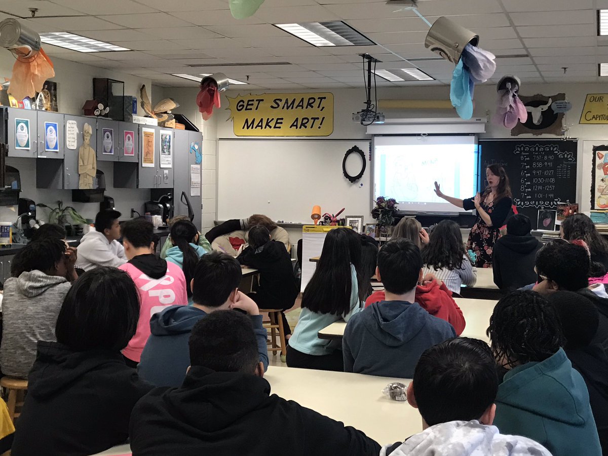 ArtLadyHBK's tweet photo. Thrilled to artner with @WhoIsLauraLee @SKMSFalcons @HCPSNews today sharing her creative process for graphic novels! #k12ArtChat #artner https://t.co/6tOQd3p2XS