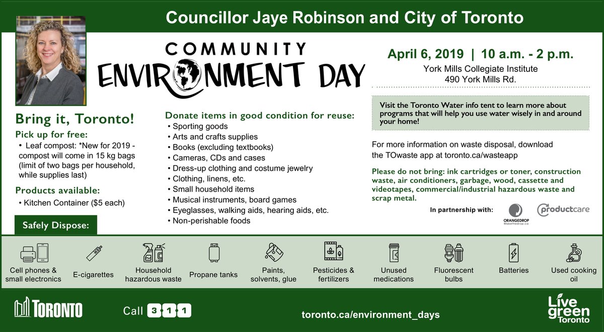 JayeRobinson's tweet photo. Who's ready for my first Environment Day event of the year? Looking forward to seeing Ward 15ers tomorrow at York Mills Collegiate (East parking lot) from 10:00 a.m. to 2:00 p.m. #EnvironmentDays https://t.co/vKBJQoIdI4