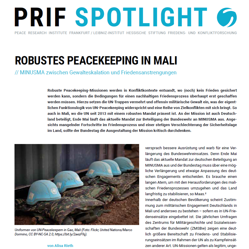 Ende Mai soll die deutschen Beteiligung an der UN-Mission in #Mali verlängert werden. Angesichts einer ernüchternden Zwischenbilanz sollte der Bundestag die Art und Weise des Einsatzes kritisch überdenken, schreibt Alisa Rieth im neuen PRIF Spotlight: bit.ly/2UhQRrM