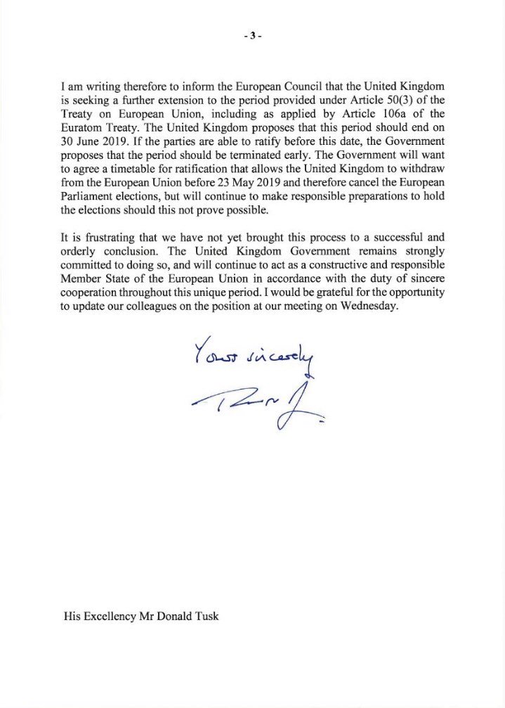 AinhoaParedesUK's tweet photo. Esta es la carta que @theresa_may ha enviado a @eucopresident para pedir (de nuevo) una prórroga hasta el próximo 30 de junio 🇬🇧🇪🇺 #brexit 👇🏻 https://t.co/cVkYs7nb8X