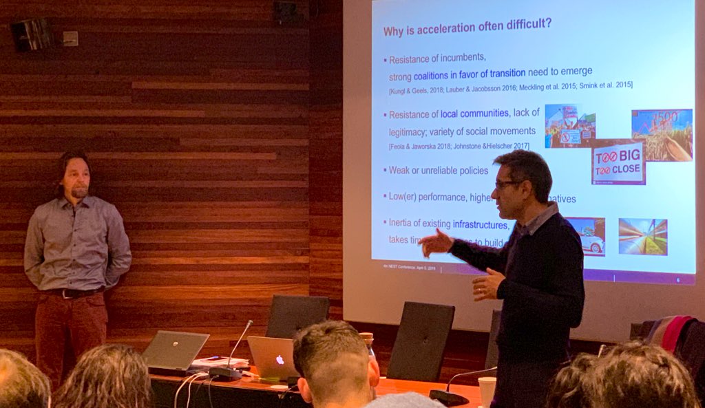 AndyPKopp's tweet photo. Kick-starting day 2 of #4thNEST discussing the #acceleration of #sustainability #transitions with @JochenMarkard and Nuno Bento. It’s also the #conference theme of #IST2019 @ist2019. Are there factors that are more inhibitive than others? How can we tackle this? @transitionsnest https://t.co/3HxnppO8gW