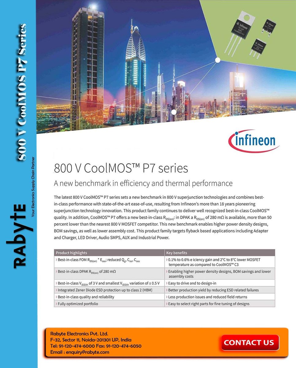 CoolMOS P7 Series, perfect fit for consumer based SMPS applications also suitable for PFC stages within consumer, as well as solar applications. For more Information and Inquiry please visit @ bit.ly/2SxqMiq

#P7Series #SMPSpplications #CoolMOS  #SolarApplications