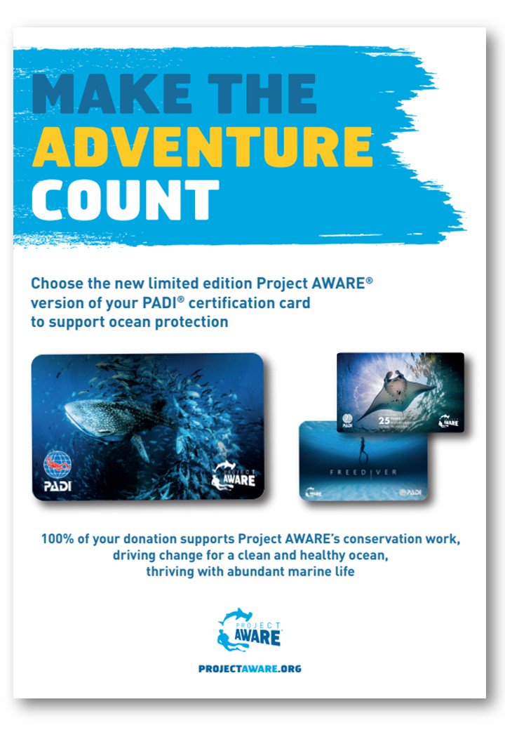 padiaware's tweet image. #ProTips: Display this poster and encourage your divers to choose the limited edition @PADI Certification Cards supporting @projectaware - Donations go towards education, awareness and advocacy work for a clean and healthy ocean: bit.ly/2OSr1EO Available in 11 languages