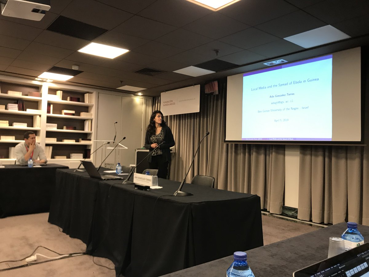Second up is Ada González-Torres from  @bengurionu. She is presenting her paper Local Media and the Spread of Ebola: Evidence from Guinea. Can broadcast information halt the spread of an epidemic? Let's answer this question