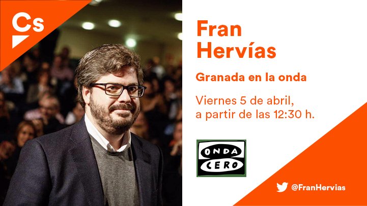 CsGranada's tweet photo. 📻 A partir de las 12:30 h. podrás escuchar a nuestro candidato al Congreso, @FranHervias, en @OndaCeroGranada 
¡Nos vemos en el 📍92.0 FM! https://t.co/rrNWEICzvJ