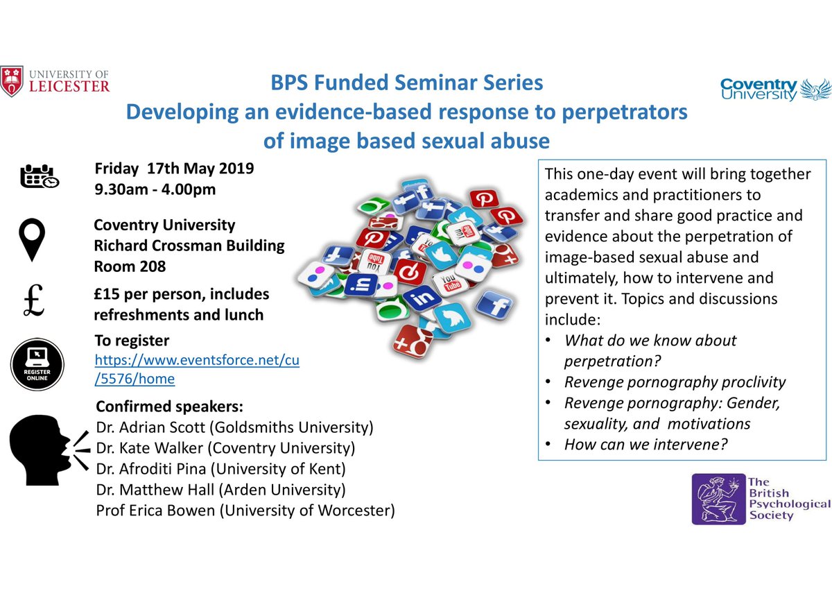 . (@covuni_cabs) on Twitter photo Seminar opportunity! Developing an evidence-based response to perpetrators of image based sexual abuse. To book, follow the link!
eventsforce.net/cu/frontend/re…
<a href="/DrKWalker/">Kate Walker</a> Seminar opportunity! Developing an evidence-based response to perpetrators of image based sexual abuse. To book, follow the link!
eventsforce.net/cu/frontend/re…
<a href="/DrKWalker/">Kate Walker</a>
