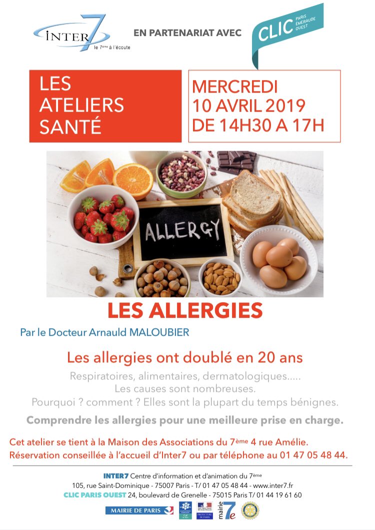 Inter7Jeunesse's tweet photo. Les Ateliers Santé LES ALLERGIES
mercredi 10 avril 2019 14h30 à 17h
à la MDA
Réservation conseillée à INTER7
01.47.05.48.44
#allergies #leclic #ateliersanté https://t.co/BEoUqWYwa4