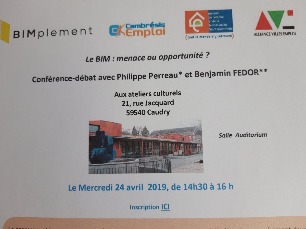 Angelmarquant's tweet photo. Save de the date : vous vous posez des questions sur le #bim, un Rendez vous à ne pas manquer le 24 avril à 14h30 à  Caudry @mefstq @plievermandois @EmploiVd @H2020BIMplement @AVEmploi @mefstq @JmBertonnet https://t.co/WA5FZxHyBy