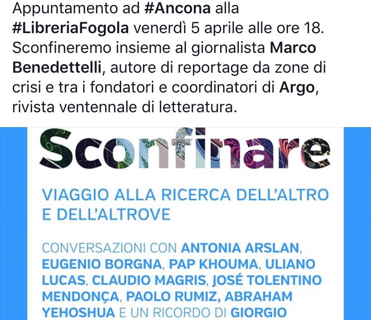 DonatellaF7's tweet photo. #Ancona #LibreriaFogola 5 aprile ore 18 #Sconfinare https://t.co/2G7RHdfu6L