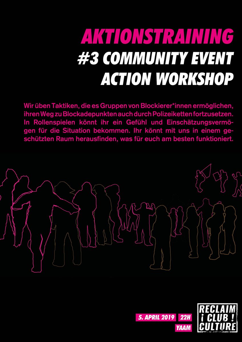 ReclaimYourClub's tweet photo. #3 Community Event

Unser
Action #Workshop

#umfließen
#schieben
#kommtnachvorne

Heute im @YAAMBerlin 

Demotanz für die #Clubkultur

Bei dieser #Soliparty:

https://t.co/yWlkfwh1XM https://t.co/kXif9s4nPB