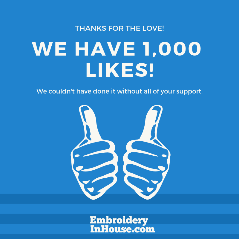 Happy Friday! It's a very happy Friday indeed as we've just reached 1000 likes on our Facebook page! 😄  #1000likes #milestone #Facebook #embroideryinhouse #achievement #smallbusiness #embroidery #team