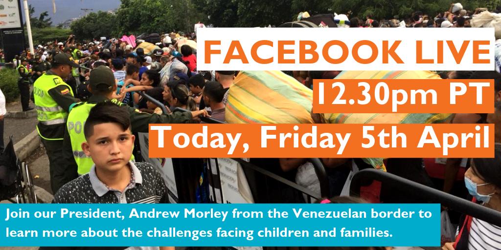 WorldVision's tweet photo. Join our President, @andrewmorley0 LIVE from the #Venezuela/#Colombia border on our Facebook page from 12.30pm PT to learn more about the desperate lengths children and families are going to, to access food, school &amp; medicine. Tweet us with your questions. https://t.co/iwtxwxSeyd https://t.co/ygnhuRyyXY