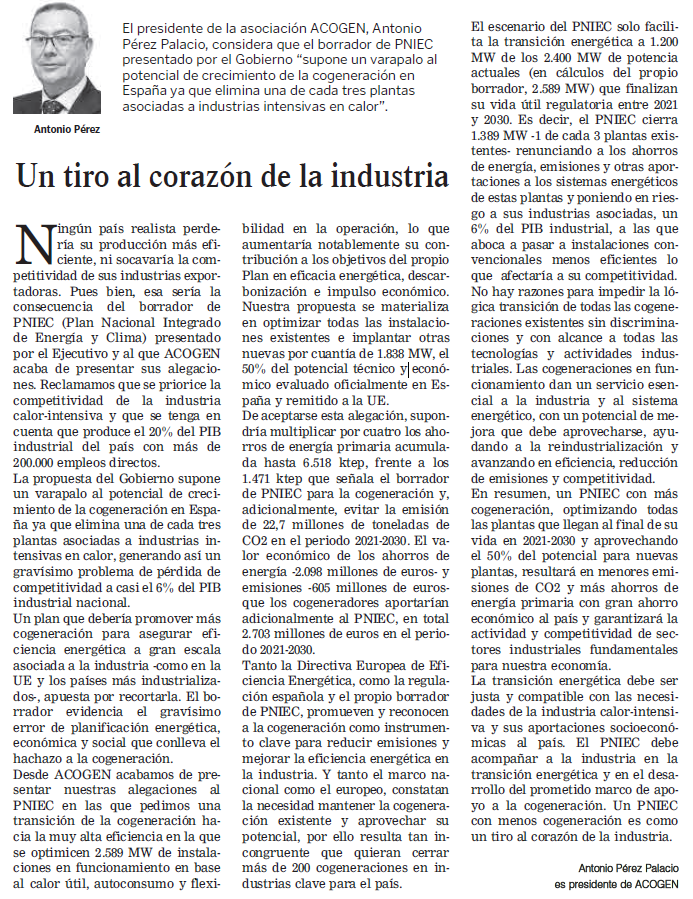 AcogenOficial's tweet photo. "Un tiro al corazón de la industria", interesante tribuna del presidente de ACOGEN @AcogenOficial en el periódico Empresa XXI 👇🏼 https://t.co/2nl4mex0LD