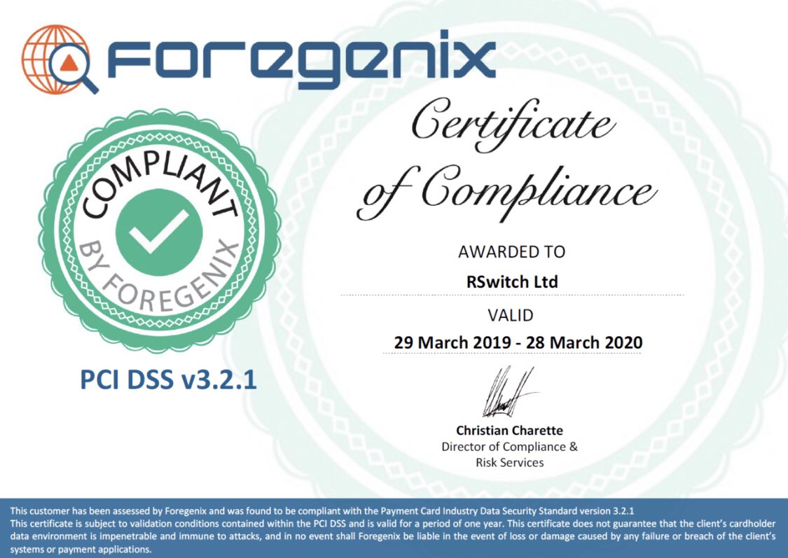 RSwitch's tweet photo. We are thrilled to complete and pass yet another annual PCI DSS V3.2.1 certification. Credit to all staff and our partner QSA @FGXsec Ensuring world class security of partner data is our priority https://t.co/2StRpn5rSd