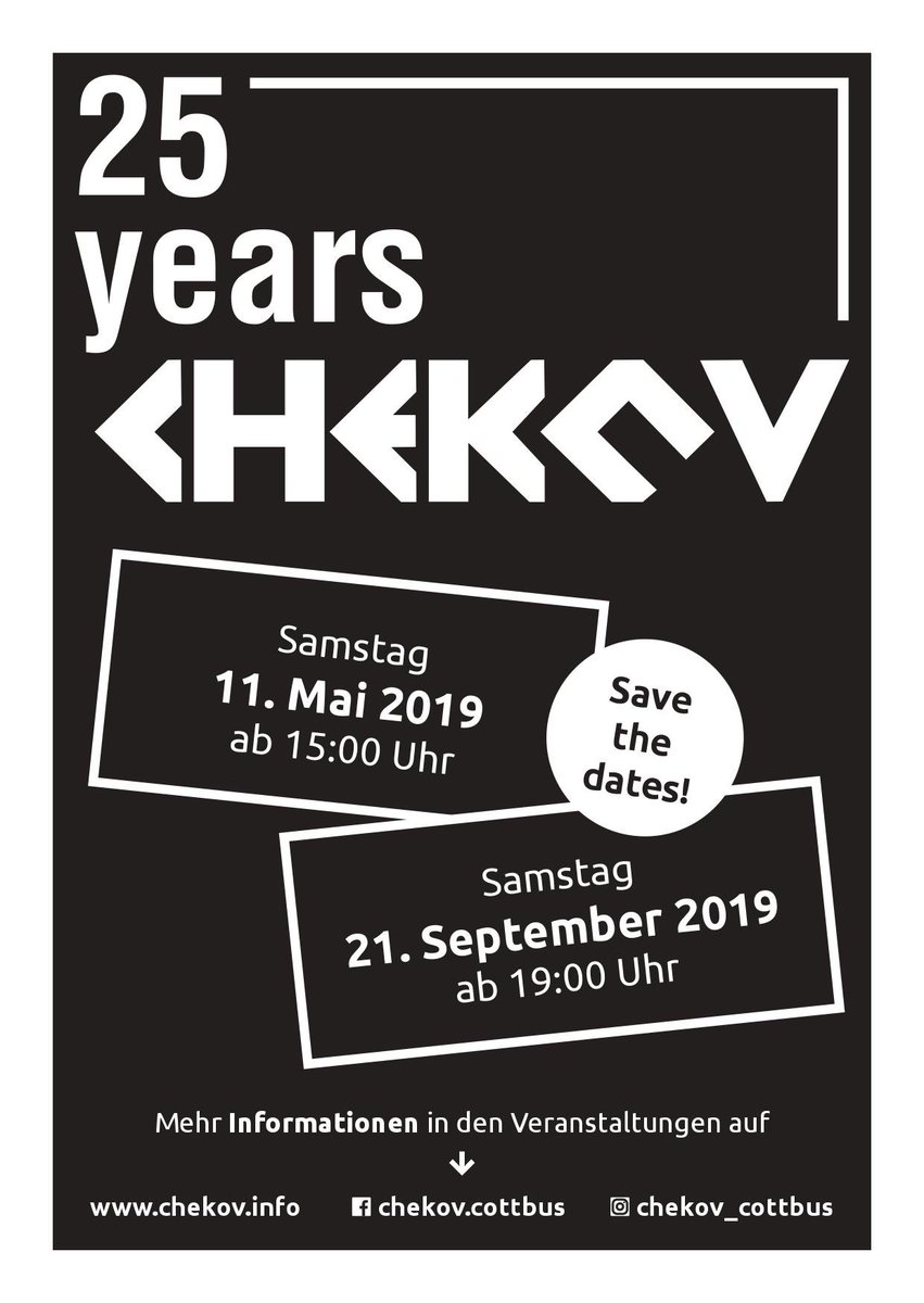 chekov_cottbus's tweet photo. Alle Termine für April im Überblick...unser Monatsflyer ist da!
Das @chekov_cottbus wird 25...haltet euch die beiden Termine frei!
@25jahre_Chekov @Subkultur @Kultur @Cottbus https://t.co/JH2BfgOEd2