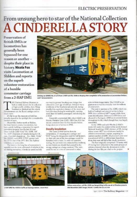 ProjectCommuter's tweet photo. Thank you @HeritageJourno for your lovely 4 page article covering the #2HAP restoration work at @railwaymuseum and @LocomotionSHD I suggest everyone who is interested in #EMU preservation buys a copy of April 2019 @RailwayMagazine https://t.co/e5yD3Y5CMe