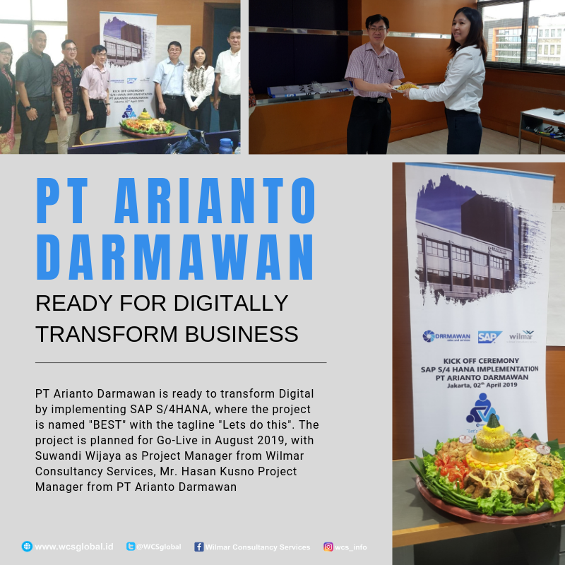 WCSglobal's tweet photo. PT ARIANTO DARMAWAN READY FOR DIGITALLY TRANSFORM BUSINESS
Kick Off Ceremonial SAP S/4HANA Implementation
PT. ARIANTO DARMAWAN, Jakarta 02 April 2019
Implemented by Wilmar Consultancy Services
#kickoffproject #ceremonial #consultancy #sap #sap #marketing #wcs #wcsteam #saps4hana https://t.co/mcCWwJ7toV