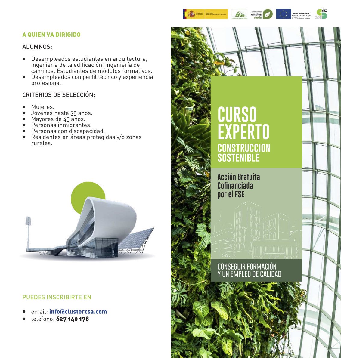 acpgranada's tweet photo. 📣¡ATENCIÓN! ♻️🏢Curso de Experto en Construcción Sostenible, cofinanciado por el FSE, de 110 horas organizado por el @ClusterCsa. Dirigido a mujeres jóvenes has 35 años y mayores de 45 con perfil Académico/Profesional Técnico.  ¡¡Plazas Limitadas!! https://t.co/rIcoJ4aDc3