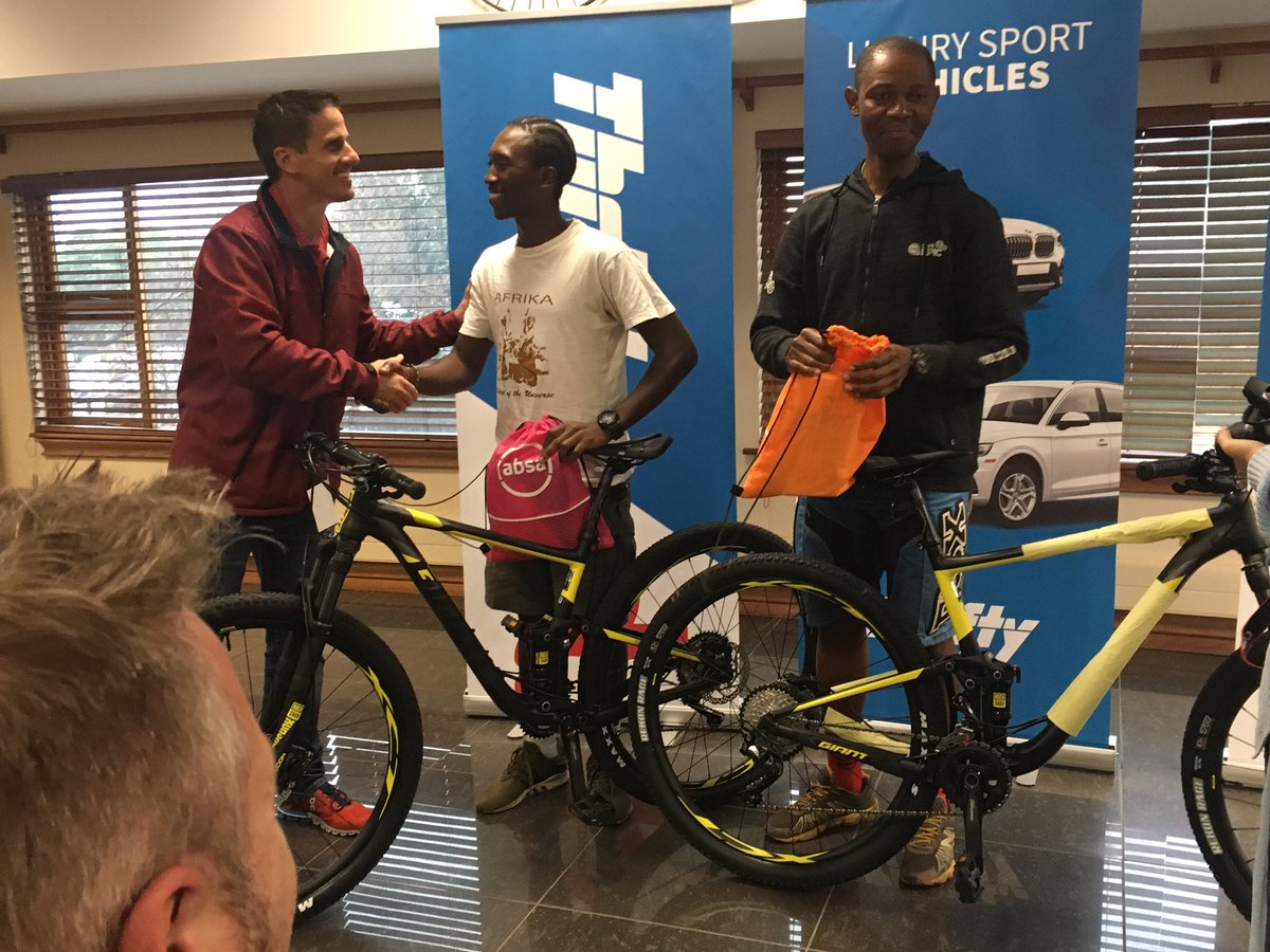Mountain Bike Riders from Soweto, Calvin Mono and Linda Dhlamini were handed their brand new bikes and all expenses paid entry for next year’s @AbsaSouthAfrica Cape Epic after a convincing #ConquerAsOne finish at this year’s race 🚵‍♀️🚵‍♀️🚵‍♀️
