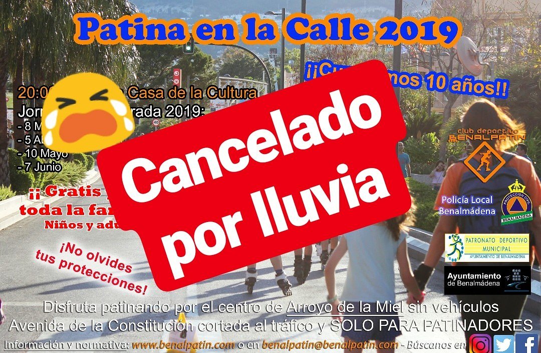 Hoy no podremos realizar la actividad por lluvia... 😞😞
Os esperamos en Mayo!!!
#PatinaEnLaCalle
<a href="/PDMBenalmadena/">Área de Deportes Benalmádena</a> <a href="/pcbenalmadena/">Protección Civil Benalmádena</a> <a href="/POLICIA_BENALM/">POLICIA LOCAL BENALM</a>