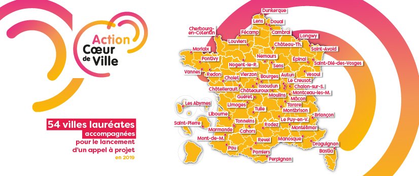 ANCTerritoires's tweet image. [1⃣ CHIFFRE, 1⃣ CARTE] 
Découvrez les 54 #villes lauréates de &quot;Réinventons les 💛 de ville&quot; : dès 2019, elles bénéficieront d&apos;un appui technique et financier pour lancer leur appel à projet et réhabiliter un site emblématique de leur centre-ville ! 🏗
cget.gouv.fr/actualites/54-…
