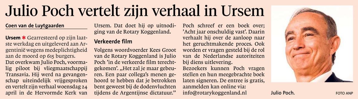 Vandaag in het <a href="/nhdagblad/">Noordhollands Dagblad</a>. Lezing van Julio Poch in Koggenland. Aanvang 20.30u, toegang = gratis! Aanmelden via info@rotarykoggenland.nl #ookdatisrotary #rotary