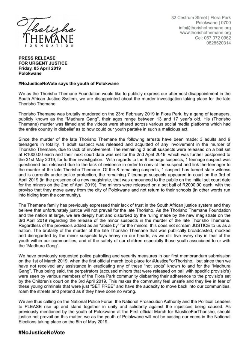 ThemaneThorisho's tweet image. Official Press Release @CapricornFM @SABCNewsOnline @eNCA @tumisole @News24 @ewnupdates @TheCitizen_News #JusticeForThoriso