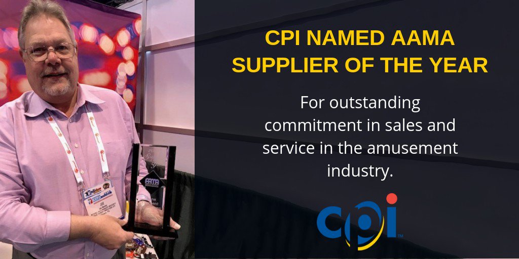 CPI_Official's tweet photo. Thanks to everyone who visited our booth during @AmusementExpo 2019. Congratulations to the CPI Vending team for taking home the AAMA 2018 Supplier of the Year award.
#CPI #CPIvending https://t.co/KeDjZcD1Jn
