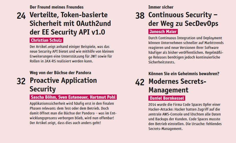 JavaSPEKTRUM's tweet photo. Seit letztem Freitag im Handel: JavaSPEKTRUM 02/2019!
Mit interessanten Schwerpunktthemen wie #Multifaktorauthentifizierung #MFA, #OAuth2 / #EESecurity #API v1.0 und #Continuoussecurity - der Weg zu #SecDevOps.
Hier finden Sie das gesamte Heft: https://t.co/NTr7uYz4EJ https://t.co/d2cVdsJLc8
