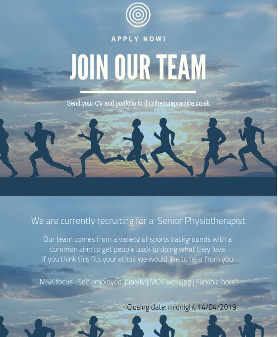 ThePurePractice's tweet photo. Join our team at the Pure Practice!! We are currently recruiting for a Senior Physiotherapist, if you are interested send your CV and portfolio to dj@thepurepractice.co.uk https://t.co/bxhRuVyEHR
