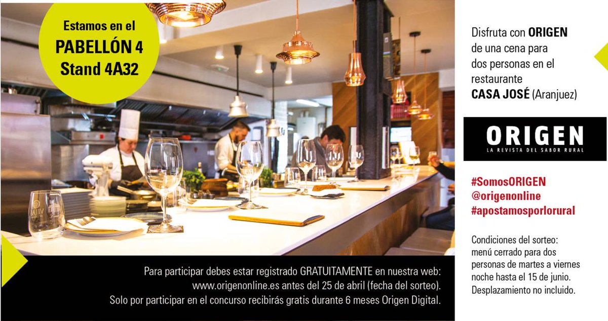 ¡Revista ORIGEN está en @SalonGourmets #SG19!

Visítanos en el Pabellón 4, Stand 4A32... ¡Sorteamos una cena para 2 en Casa José, Restaurante-Atelier de chef <a href="/fdelcerro/">Fernando Del Cerro</a> en #Aranjuez (#Madrid)! 

#somosORIGEN #ApostamosPorLoRural
