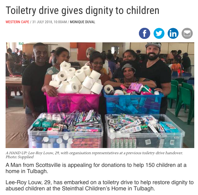 WTM_ThePodcast's tweet photo. OUR CHARITY OF THE MONTH! 

Steinthal Kinderhuis - Tulbagh. Drive facilitated by @louw_roy 

See Article: Toiletry drive gives dignity to children https://t.co/3HcQDv6sD2 

For Donations/Volunteering contact Lee-Roy at +27 83 578 3805

#CreateTheChange #WeAreTheChange https://t.co/gvRlsOIYj1