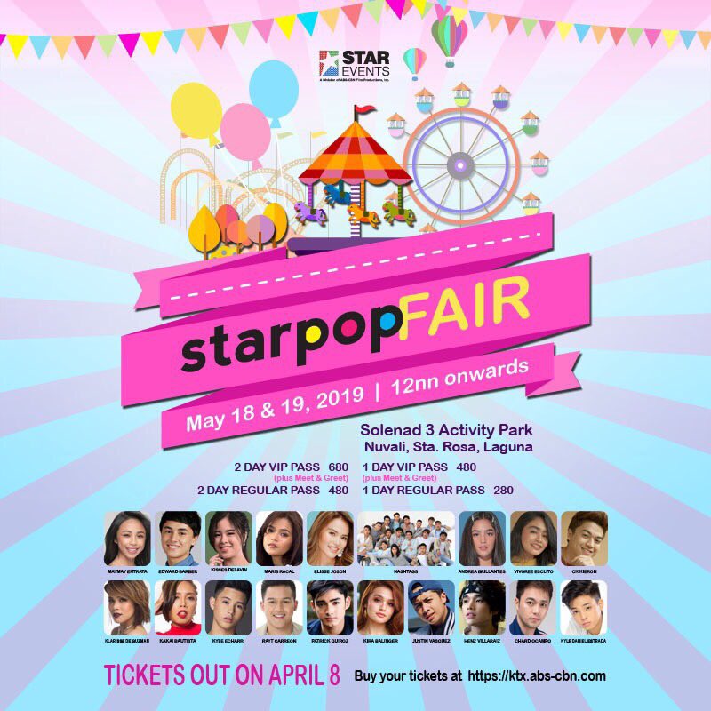 roxsantos's tweet photo. The biggest gathering of your favorite Starpop stars! A whole day event of fun, games, performances and music! You don’t want to miss this! STARPOP FAIR on May 18 &amp; 19, 2019 at Solenad 3, Activity Park Nuvali, Sta. Rosa Laguna. Tickets out on April 8, Monday! #StarPopFair2019 https://t.co/Y8tfhqeYOI