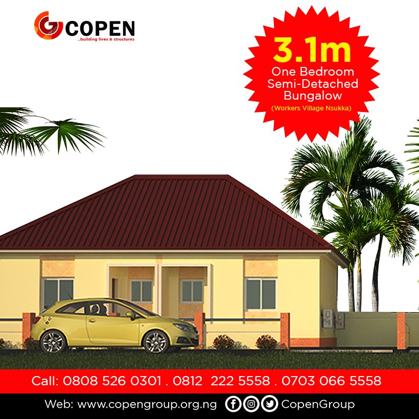 CopenGroup's tweet photo. Estate: Workers Village Nsukka
Option: One Bedroom Semi-Detached Bungalow
Price: 3.1m
Payment options: Outright, Instalment and Mortgage
Status: Fully built.
https://t.co/J8oR8gBtW5
#Multidev #CopenGroup #WorkersVillageNsukka #Housing https://t.co/QzpFS97uiv