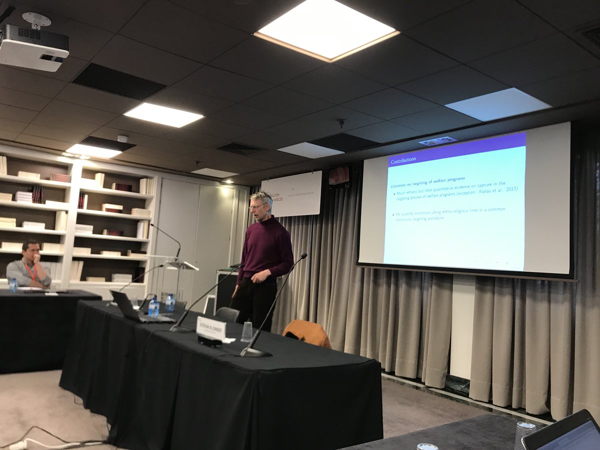 Stefan Klonner from  @UniHeidelberg is now up presenting his paper Ethnic Favoritism in Targeted Welfare Programs. Decentralized targeting of welfare programs can result in moderate distortions along ethno-religious lines and disadvantage minorities.
