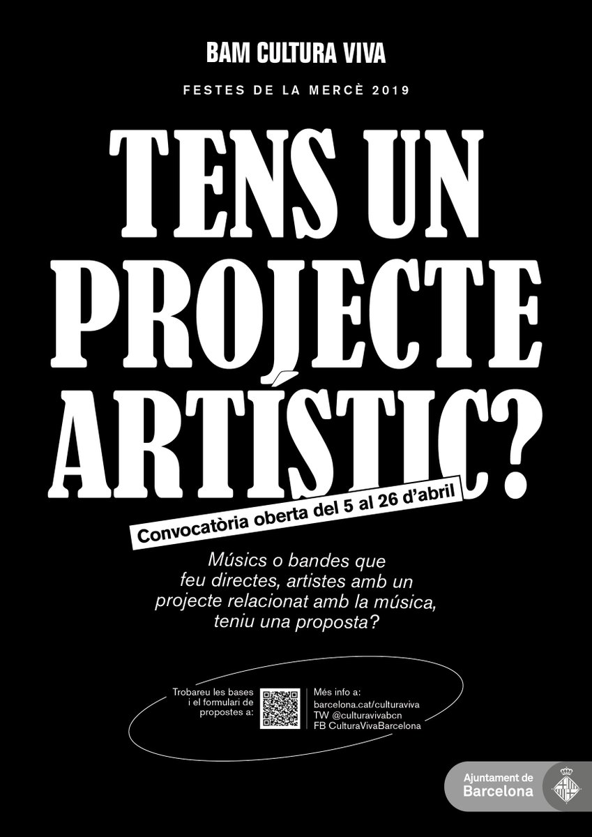 CulturaVivaBcn's tweet photo. 📢 #BAMCulturaViva 2019 - CONVOCATÒRIA OBERTA - del 5 al 26 d’abril.
Músics, bandes, artistes: ja podeu presentar el vostre projecte musical. 

Consulteu les bases i el formulari 
➡ https://t.co/SxAFE5Do00

#CulturaVivaBcn https://t.co/g9oSU99eKR