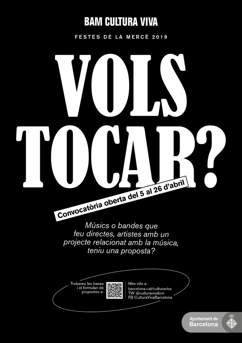 CulturaVivaBcn's tweet photo. 📢 #BAMCulturaViva 2019 - CONVOCATÒRIA OBERTA - del 5 al 26 d’abril.
Músics, bandes, artistes: ja podeu presentar el vostre projecte musical. 

Consulteu les bases i el formulari 
➡ https://t.co/SxAFE5Do00

#CulturaVivaBcn https://t.co/g9oSU99eKR