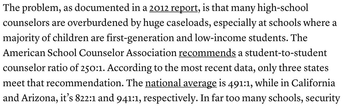 I'm not criticizing  @jselingo. He didn't come up w/ that ratio. It's from an  @ASCAtweets and  @NACAC study using  @EdNCES data. I cited a *worse* # in a  @TheAtlEducation piece. The # isn't wrong per se but it's misleading if we're talking college counseling.  https://www.theatlantic.com/education/archive/2016/09/the-neglected-link-in-the-high-school-to-college-pipeline/500213/