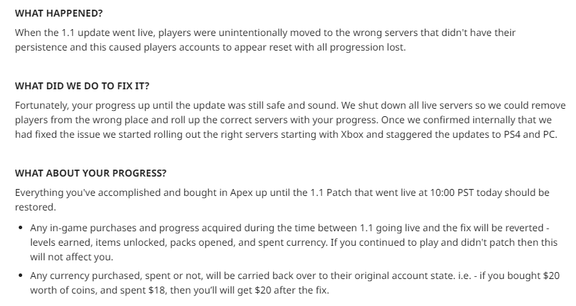RespawnRoundup's tweet photo. ICYMI:
Fix for 1.1 progression issue is now live on all platforms

"Any in-game purchases and progress acquired during the time between 1.1 going live and the fix will be reverted."

#ApexLegends 
https://t.co/gDb0RJQL3i https://t.co/7X7w4aoBcm