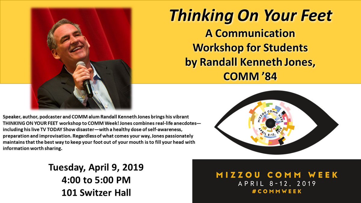 randallkjones's tweet photo. So excited to present my THINKING ON YOUR FEET creativity infused #seminar to @MizzouComm students next week as part of #CommWeek19! https://t.co/G3RK8BpbWq https://t.co/4XtkpIXV2t