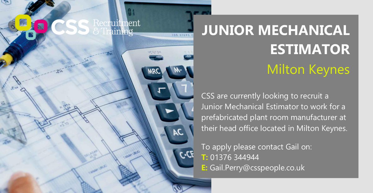 CssRecruitment1's tweet image. #Jobs | CSS are currently looking to #recruit a Junior #MechanicalEstimator for a role based in #MiltonKeynes 👇

📞 To apply or for more information please call Gail on 01376 344944! #JobSearch #jobpostings